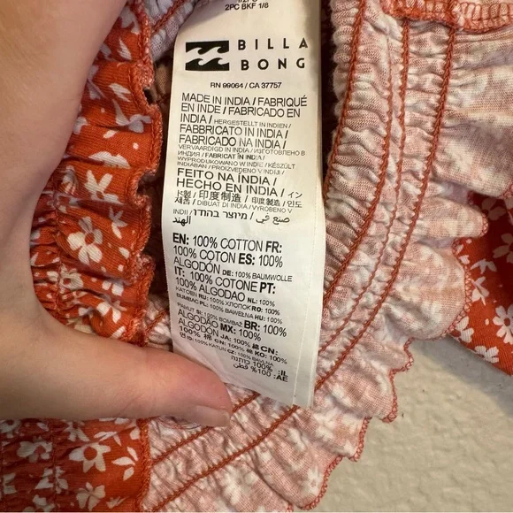 Billabong Orange Smocked Floral Crop Top Tube Top - S - Picture 10 of 11
